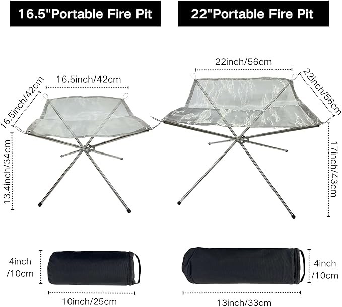 BeGrit Portable Fire Pit for Camping, 22" Wood Burning Fire Pits for Outdoor, 304 Stainless Steel Mesh Firepit for BBQ, Bonfire, Backyard, Garden, Patio (with Carrying Bag & Gloves)