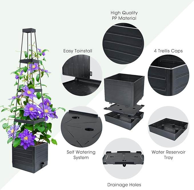 Garden Trellis for Climbing Plants, 57in Raised Garden Bed Planter Box with Trellis, Tomato Cage Planters for Outdoor Plants Climbing Vegetable Vine Flowers Outdoor & Indoor/Self-Watering (1PCS)