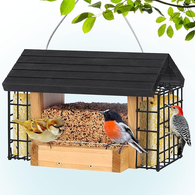 Hopper Bird Feeder for Outdoors Hanging, Wooden Bird Feeder with Double Suet Cage and Large Seed Capacity, Cedar Wood Suet Feeder with Weatherproof Roof, Garden Decoration