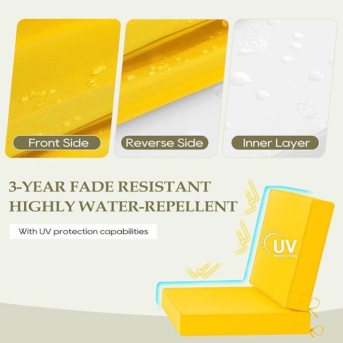 Wellsin Outdoor Cushions for Patio Furniture, Waterproof Outdoor Seat Cushions with Ties and Handle, Outdoor Cushions 24 X 24, Outdoor Deep Seat Cushions with Removable Cover, Yellow