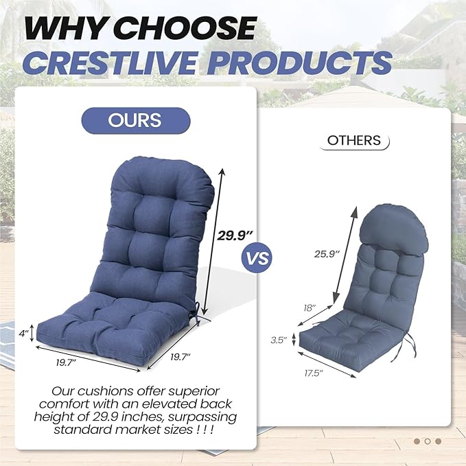 Crestlive 50x20x4 Inch Adirondack Chair Cushion Outdoor Rocking Chair Cushions Water & Fade Resistant High Back Patio Chair Cushions Thick, Sky Blue