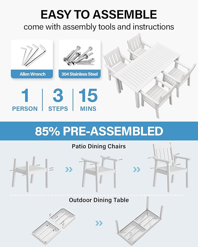 YEFU HIPS Patio Table Set: 5 Piece Outdoor Table and Chairs Dining Furniture Set with Umbrella Hole - White Modern Plastic Dining Sets 4 Person for Outside Deck with Metal Aluminum Frame