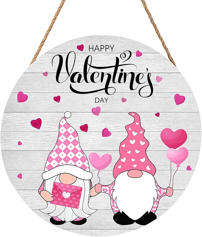Happy Valentine's Day Sign, Valentines Day Door Decor Wood Plaque 12 X 12 Inch Gnome Valentine Sign Round Valentines Day Welcome Sign For Front Door Porch Yard Valentines Decorations