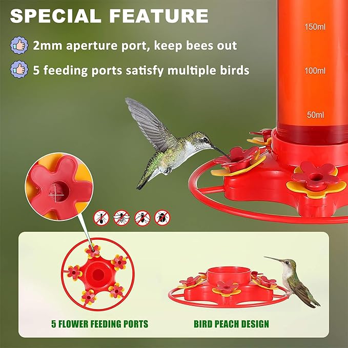 Hummingbird Feeders for Outdoors Hanging - 5 Feeding Ports 12 oz Plastic Hummingbird Feeder, Bee-Proof Leak-Proof No Drip, Easy to Clean with Cleaning Brush