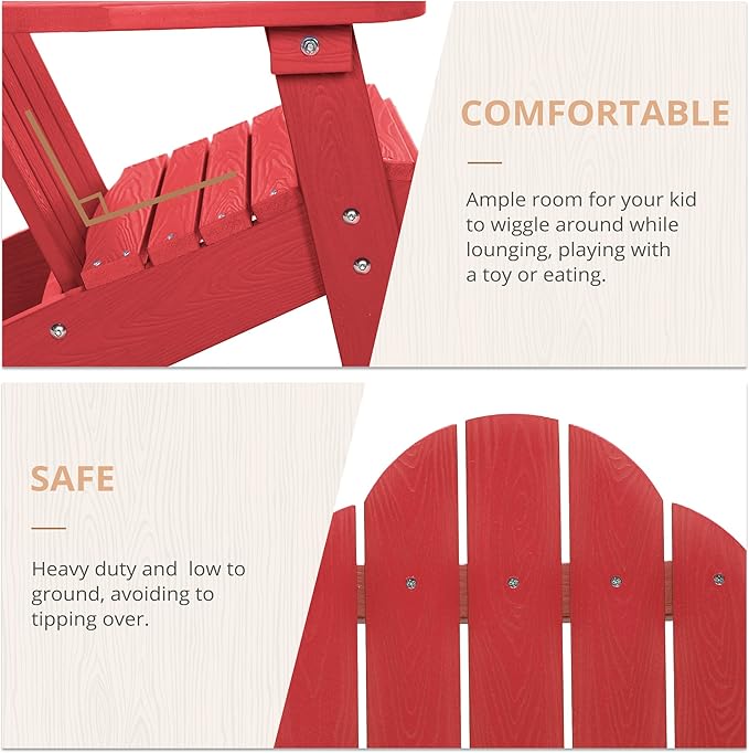 LUE BONA Kids Adirondack Chair Set of 4, Red Poly Lumber Plastic Weather Resistant Kids Outdoor Patio Lounge Chair for Balcony, Backyard