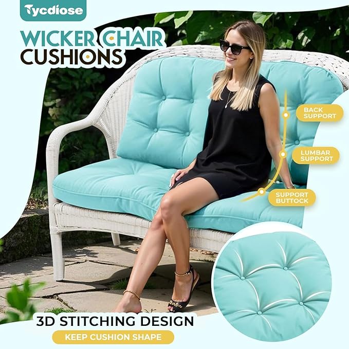 All Weather Outdoor Wicker Chair Cushions of 3 Pieces, Waterproof Outdoor Wicker Chair Cushion for Patio Furniture Loveseat Settee Bench, 1 Loveseat and 2 U-Shaped Thickened Cushions, Teal