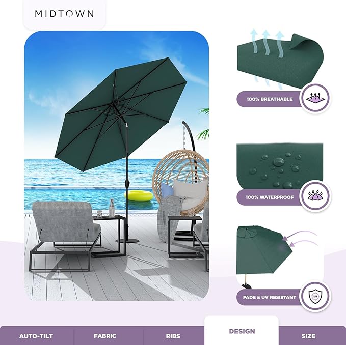 Midtown Umbrellas - 10-Year-No-Fade 10 Ft Patio Umbrella with Terylast Fabric, Auto-Tilt Aluminum Frame and 8 Reinforced Ribs for Deck, Pool, Garden & Beach - Forest Green Canopy, Black Pole