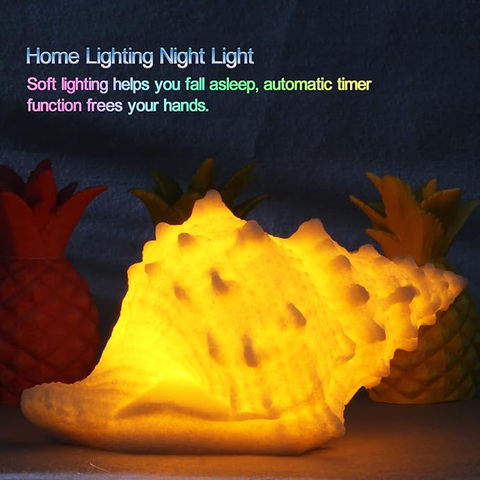 Conch Shell Night Light-Battery Powered LED Night Light for Kids Room, Auto Off Timer, Adults Bedroom Decor Nautical Lighting, Beach Themed Lamp Suitable for Baby Nursery, Home Ocean-Nightstand Decor