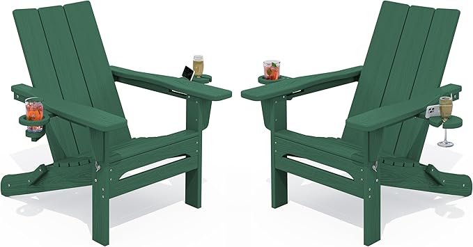 SERWALL Modern Adirondack Chair Set of 2, Folding Adirondack Chair with Cup Holders, Fire Pit Chairs, Lawn Chair for Patio Garden, Green