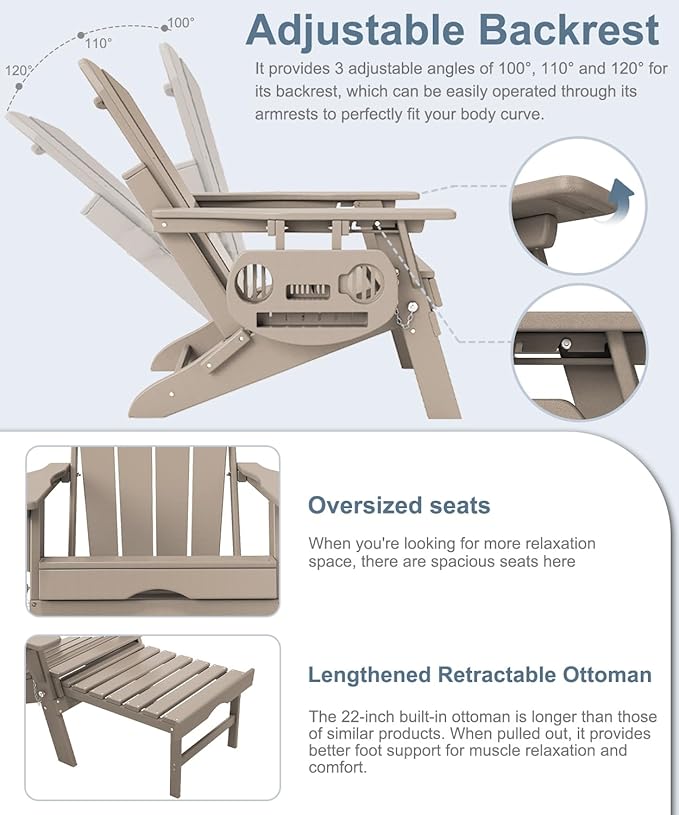Adjustable Adirondack Chair with Retractable Ottoman, HDPE Folding Adirondack Chair with Cup Holder, All Weather Fire Pit Chair for Outdoor.
