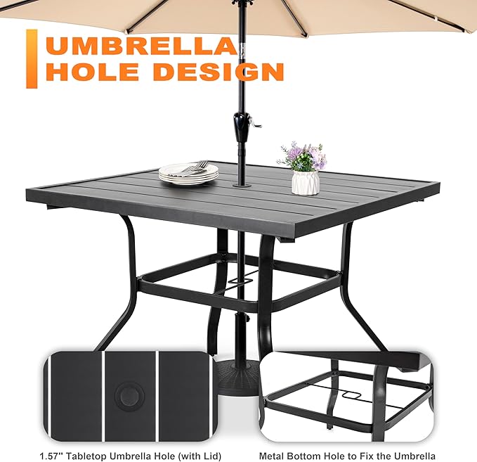 NUU GARDEN 5 Piece Outdoor Dining Set, All Weather Outdoor Padded Textilene Patio Chairs and Square Dining Table with Umbrella Hole for Backyard, Patio, Garden, Deck, Light Grey and Black
