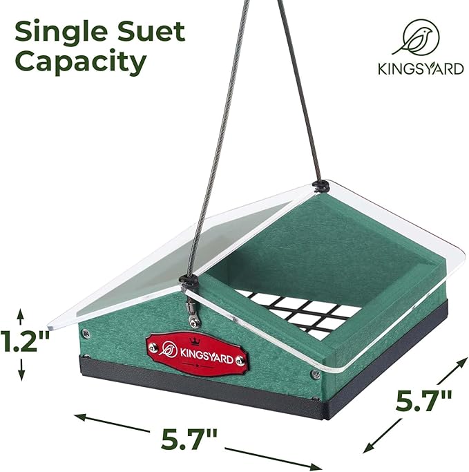 Kingsyard Upgraded Upside Down Suet Feeder for Outside Hanging - Recycled Plastic Wild Bird Feeder with Rainproof Roof for Attracting Woodpeckers Nuthatches Chickadees Finches. Green
