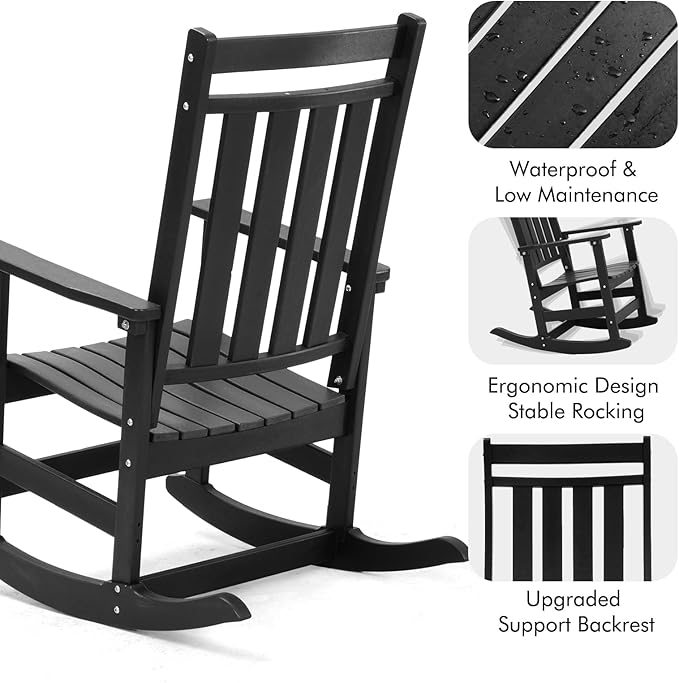 Oversized Outdoor Rocking Chair,All Weather Rocker Chair with More Comfortable Seat Panel for Porch Patio Outside(Black)