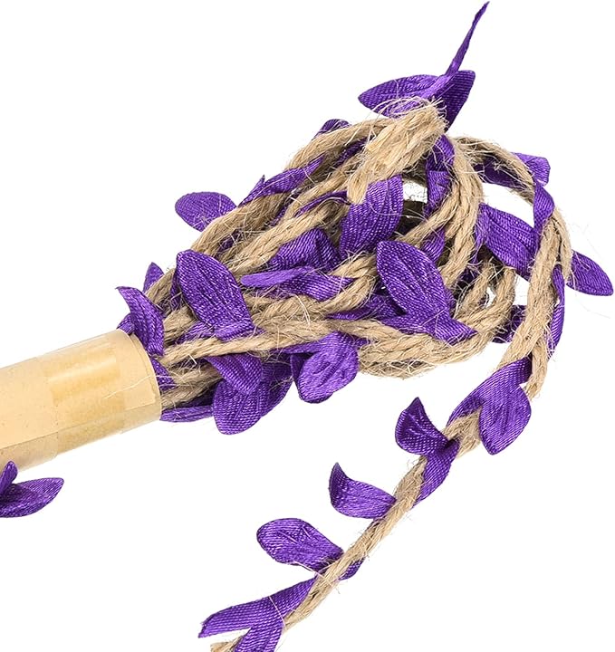 PATIKIL 6.6ft 5mm Burlap Leaf Ribbon, 2 Pack Braided Decoration Vine Natural Jute Rope Twine with Artificial Leaves for Jungle Wedding Party Home Garden Decor, Purple