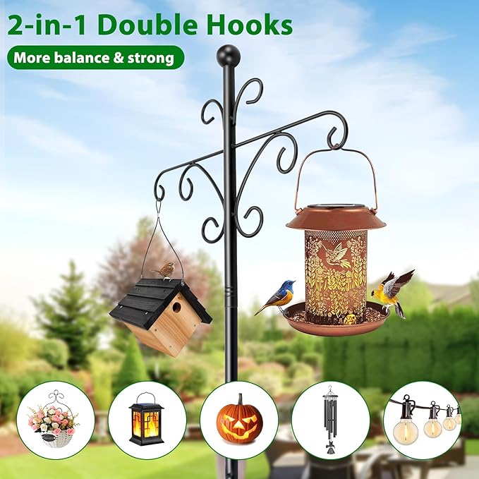 Bird Feeder Pole for Outdoors Heavy Duty Squirrel Proof, 2 Pack 108 Inch Adjustable Tall Shepherds Hooks for Outdoor with 7 Prongs Base, Double Shepherd Hooks (2 Pack Black, 108 Inch)