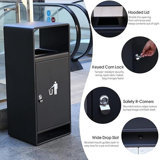 Commercial Outdoor Trash Can with Lid,Rust-Resistant Waterproof Windproof Garbage Can with Removable Inner Barrel, Lockable Stainless Steel Trash Bin for Patio Hotel Park Garden(Black)