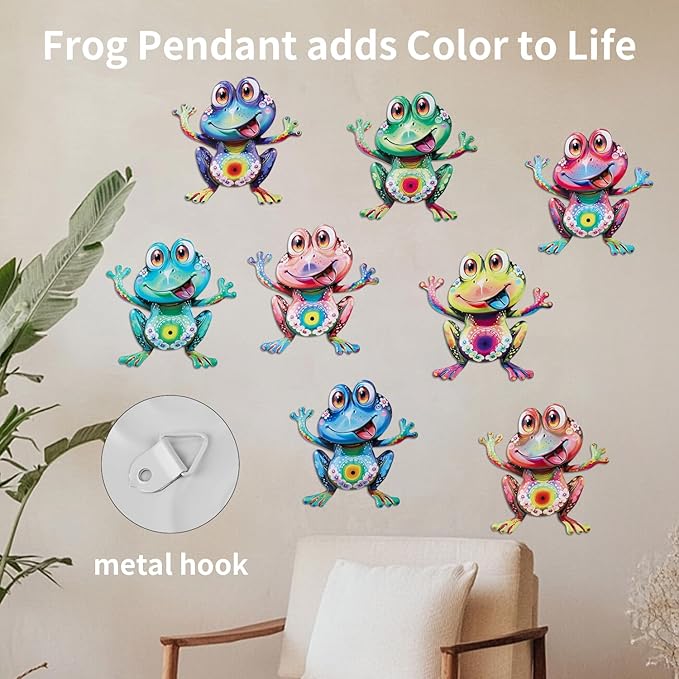 Junware Metal Frog Wall Decor, 8Pcs Frogs Wall Art Sculptures Hanging Sculpture Decoration, Outdoor Fence Arts for Home Garden, Fence, Patio, Yard, Bedroom Outside Gifts for Adults
