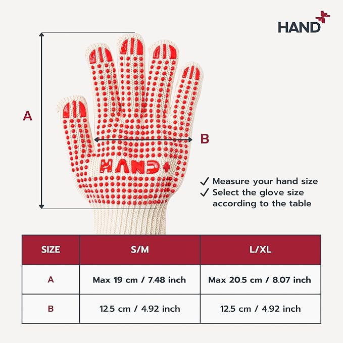 Hand+ Heat Resistant Oven Gloves (Size S/M) 932°F / 500°C for BBQ Baking Cooking Smoker Fireplace Camping with Silicone Grip Thermo Dot Level 4 EN407 Certified