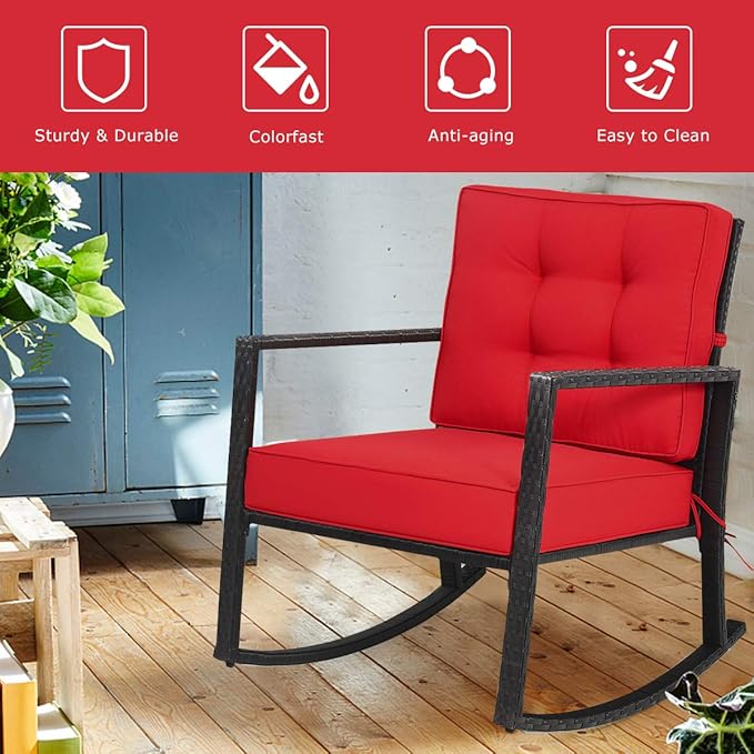 Tangkula Wicker Rocking Chair, Outdoor Glider Rattan Rocker Chair with Heavy-Duty Steel Frame, Patio Wicker Furniture Seat with 5” Thick Cushion for Garden, Porch, Backyard, Poolside (2, Red)