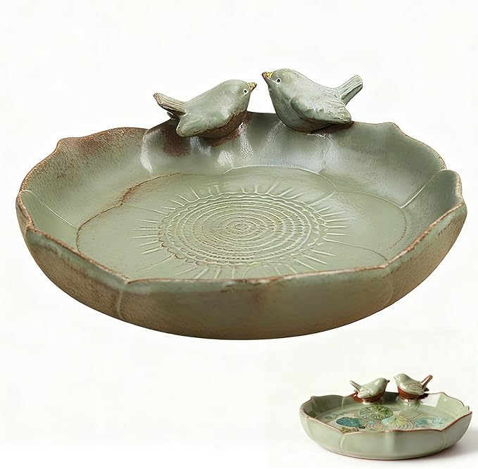 Green Ceramic Bird Bath Bowl - 9.45-Inch Ceramic Bird Baths for Outdoors, Durable Ground Bird Bath Bowl Ideal for Garden, Tabletop, Deck, Balcony & Lawn Use