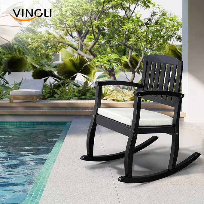 VINGLI Wooden Rocking Chair with Cushion,Outdoor Indoor Rocking Chair Supports Up to 450 lbs,Chair with Comfortable Backrest for Patio, Porch, Balcony (1, Black)