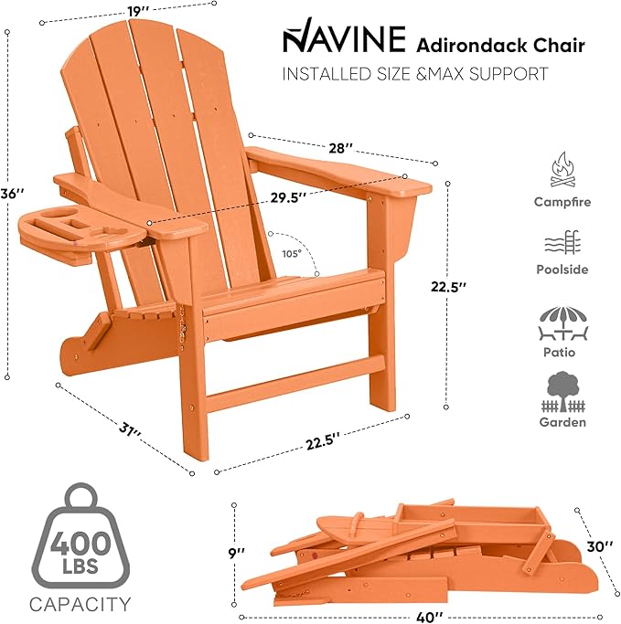 Adirondack Chair Set of 6, HDPE Folding Adirondack Chair with Multifunctional Cup Holder, Weather Resistant Fire Pit Chair for porches, patios, poolsides, Decks.