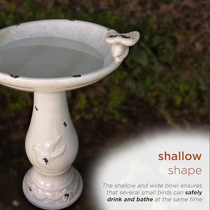Alpine Corporation 25" Tall Outdoor Antique Ceramic Birdbath with 2 Bird Figurines - Vintage Style Garden Bird Bath Bowl for Patio, Yard, Lawn Decor, Light Brown