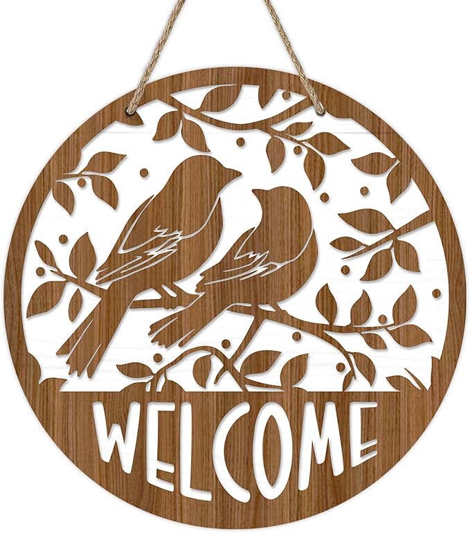 Deroro Welcome Spring Summer Birds Silhouette Front Door Sign, Branches Farmhouse Wood Door Hanger Outdoor Outside Porch Decor, Rustic Seasonal Wooden Wreath Indoor Wall Hanging Decoration
