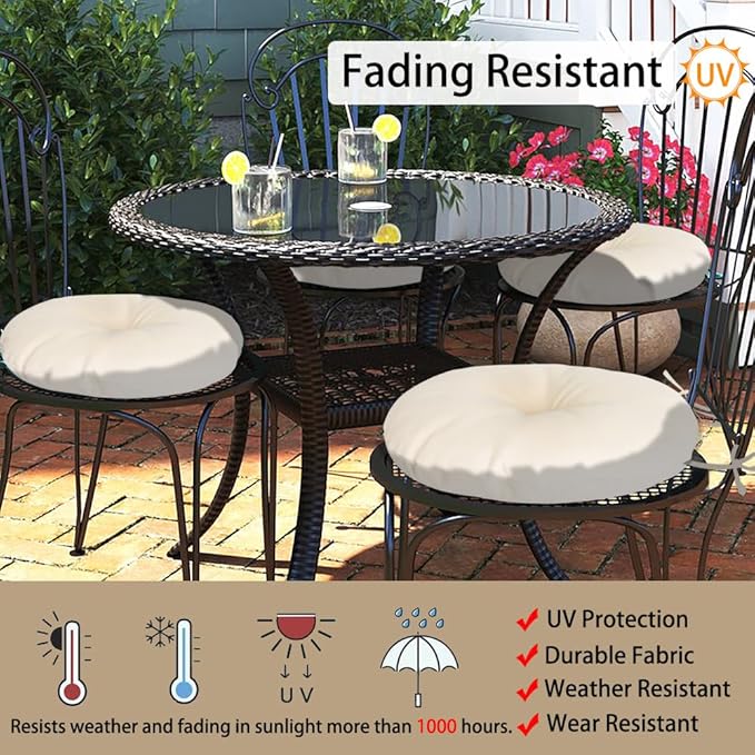 Magpie Fabrics Outdoor 15"x15"x4" Round Bistro Seat Cushions with Ties Set of 2, Tufted Waterproof Patio Floor Chair Pads for Home Garden Balcony Kitchen Office Porch, Recycled Cream White