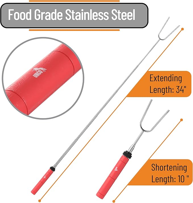 UNCO- Marshmallow Sticks for Fire Pit, 5 pcs, 34", Colorful Rotational Handles, Extendable Stainless Steel Marshmallow Roasting Sticks with Canvas Storage Bag, Skewers for Smores Skewers