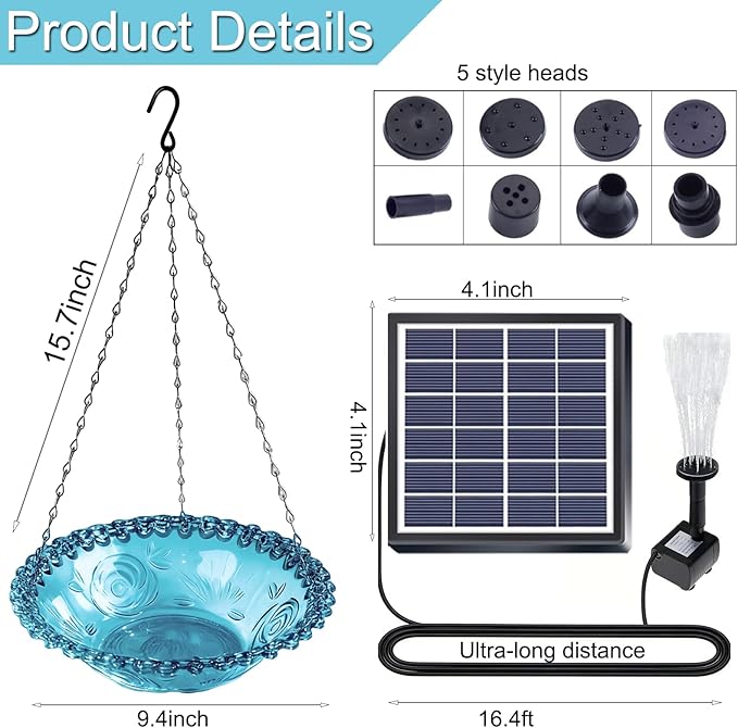 Solar Hanging Bird Baths Bowl Outdoor Bird Feeder 15.7 Inch Metal Chains, Weather-Resistant Hanging Wildbird Feeder & Bath Tray for Garden, Patio, Backyard (Solar Style)