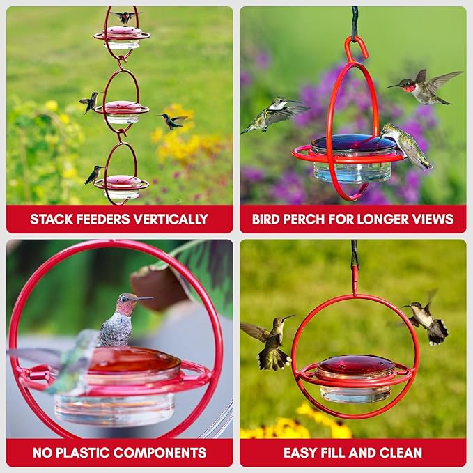 Hummingbird Feeder for Outdoors Hanging, 3.4 OZ Hummingbird Feeders, Glass Bowl with 4 Feeding Ports, Leak Proof Lid & Circular Perch, Bird Feeder (1, Red)