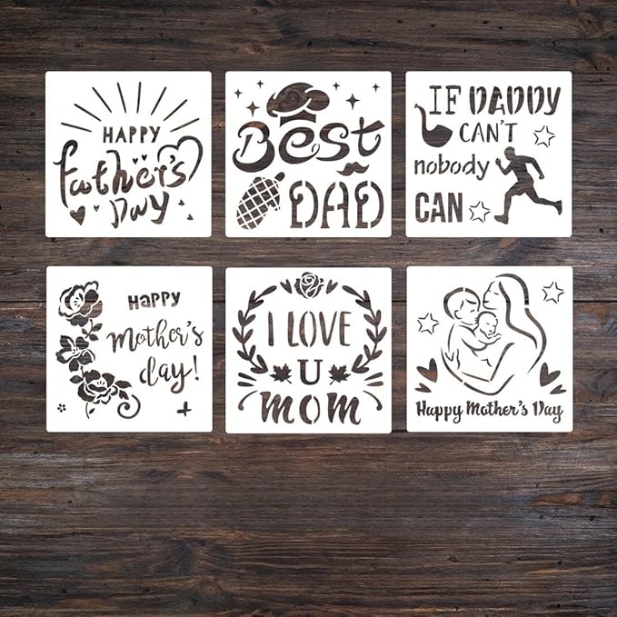 20 pcs Mother's Day Stencils Reusable, 6x6 Mother's Day Father's Day Theme Stencils for Painting, Drawing Spraying Template for Greeting Cards, Wall Window Door DIY Decoration (H-20PCS)