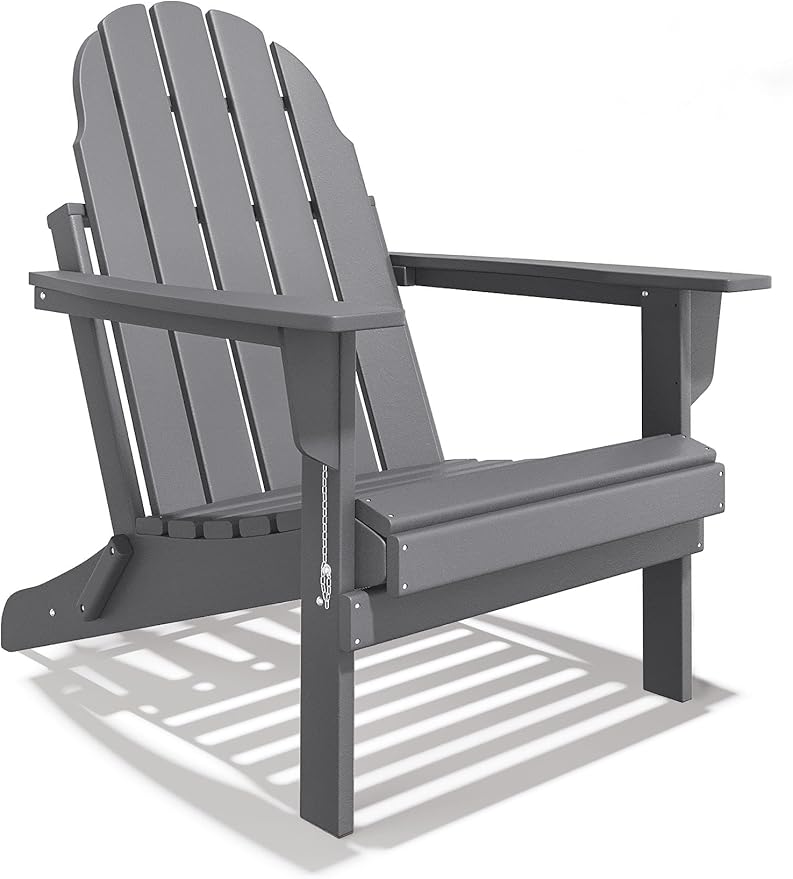 Folding Adirondack Chair - Durable HDPE Poly Lumber All-Weather Resistant, Foldable Oversized Balcony Porch Patio Outdoor Chair for Lawn, Backyard, Deck, Garden, Camping - Easy Installation, Gray