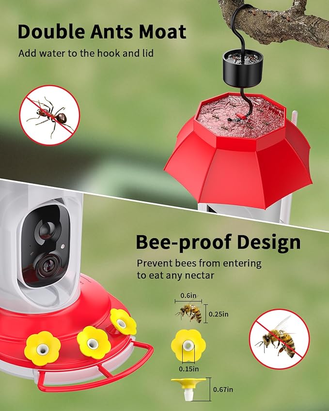 Hummingbird Feeder with Camera Solar Powered W/32G Card, AI Identify Bird Species, Ant Moat/Bee Proof, Hummingbird Cam Watching Live Video, Instant Notifications, Ideal Present for Bird Lovers