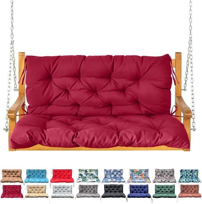 Porch Swing Cushion with Backrest,Waterproof Bench Cushion for Outdoor Furniture,2-3 Seater Replacement Thickened Swing Cushion with Ties,Patio,Outdoor,Backyard and Garden (Wine Red,40x40)