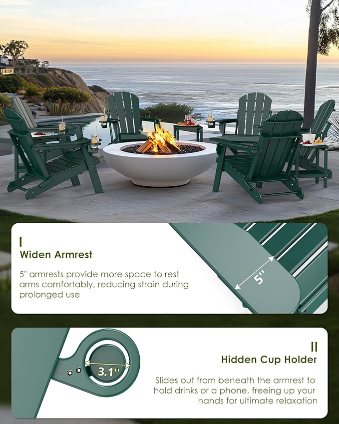GREENVINES Folding-Adirondack-Chairs-Set-of-6 | HDPE Plastic | Fire Pit Chair | All Weather | Cup Holder | Forest | for Deck Backyard Patio Outdoor Garden