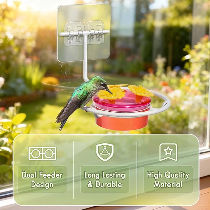 Window Hummingbird Feeders for Outdoors: 2 Pack Hummingbird Feeders for Windows, Easy to Clean and and Refil Nectar - Plastic Humming Bird Feeder with Metal Base & 6 Feeding Ports, Gifts for Mom Dad