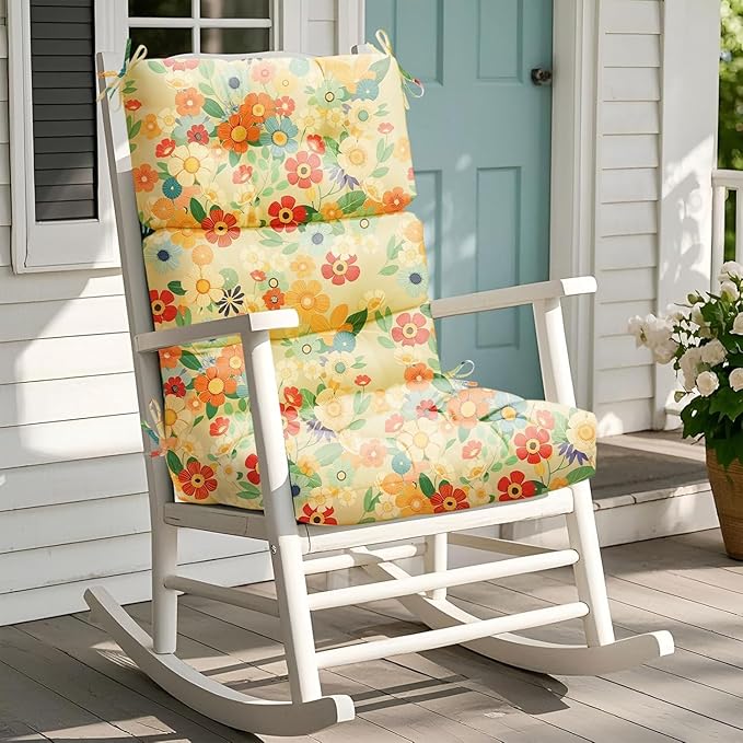 Rocking Chair Cushion, Waterproof Chairs Cushions for Adirondack Chairs Patio Chair High Back Thicked Cushions Outdoor and Indoor with Ties, Daisy