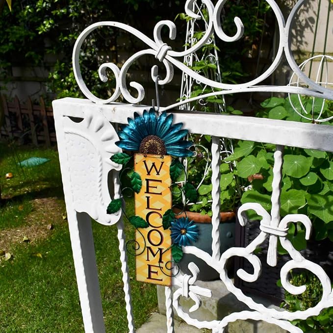 Metal Welcome Sign Front Door Decor Decorative Hanging Wall Sign Indoor Outdoor Hanging Sign for Garden Porch 15.25x8.5 (3 colors)