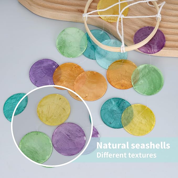 Capiz Wind Chimes for Outside, Outdoor Seashell Hanging Beach Coast Ocean Home Decorative, Rainbow Color Natural Shell Waterfall Windchimes for Summer Patio, Window, Porch, Memorial Gift（Multicolor