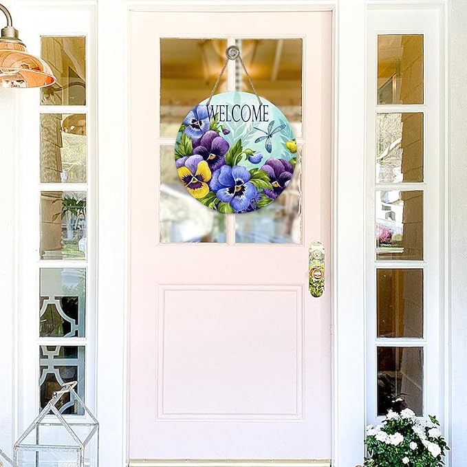Deroro Welcome Spring Summer Floral Flower Sign for Front Door Decor, Pansy Dragonfly Wood Door Hanger for Outdoor Outside Porch, Seasonal Vintage Wooden Wreath Indoor Wall Hanging Decoration