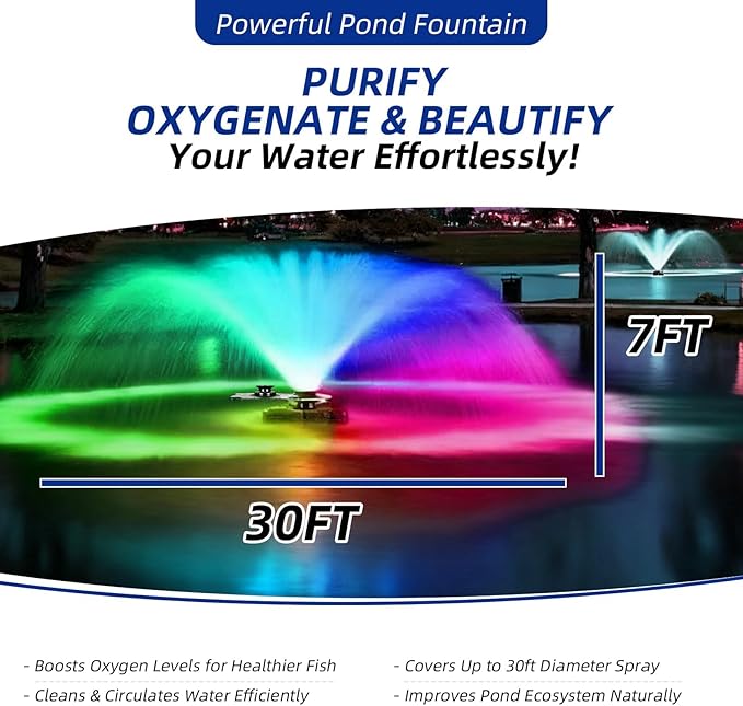 Floating Pond Fountain with 4pcs Led Lights 1HP 110V 750W with 98Ft Power Cord, Featuring a Timer, Metal Pond Waterfall Pump.