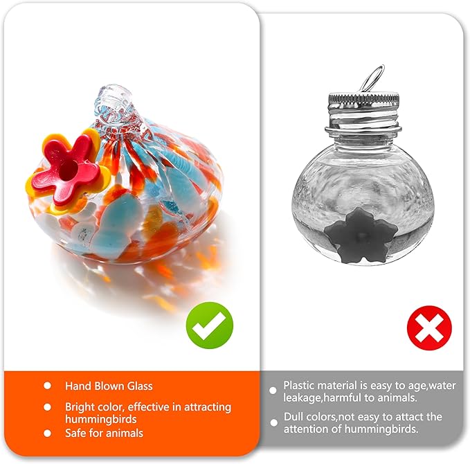 2 Pcs Blown Glass Hummingbird Feeder for Outdoors Hanging, Ant & Bee Resistant Window Bird FeederHandmade Garden Decor Gift for Women - Small Round Glass Feeders Bundle