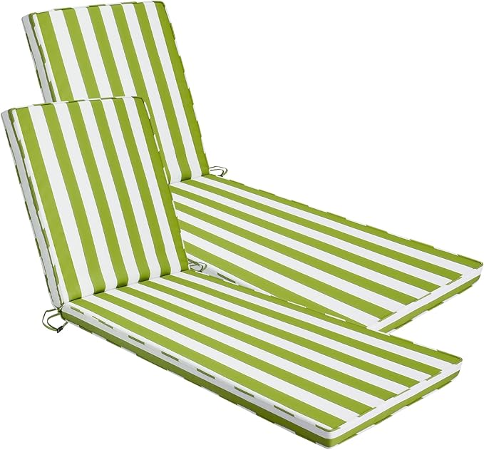 Chaise Lounge Cushions Outdoor Set of 2, 71"x22"x3" Patio Lounge Chair Furniture Cushions with Washable Covers for Pool, Patio, Lawn (Green+White Stripes, 2 Pcs)
