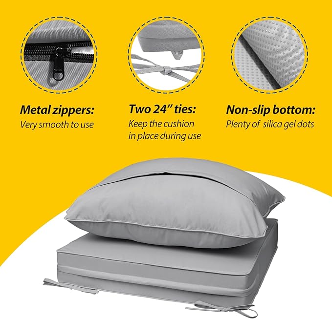AAAAAcessories Outdoor Seat Cushions for Chairs, Fade-Resistant, Waterproof Patio Furniture Replacement Cushions, 21" x 21" x 3" + 21" x 17", Gray
