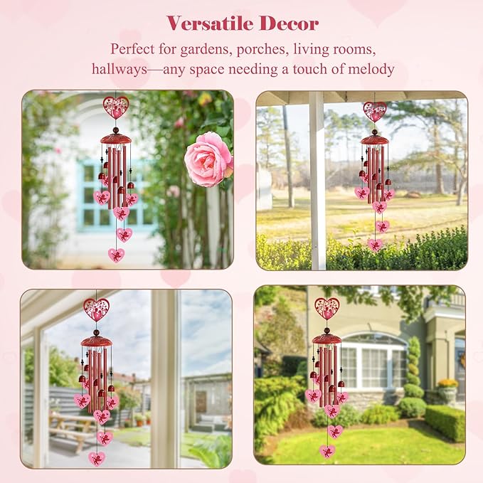 Love Heart Wind Chimes Outdoor,Romantic Metal Wind Chime for Couples – Valentine’s Day Anniversary Wedding Gift for Wife & Husband, Cupid & Couple Garden Porch Decor (Red)