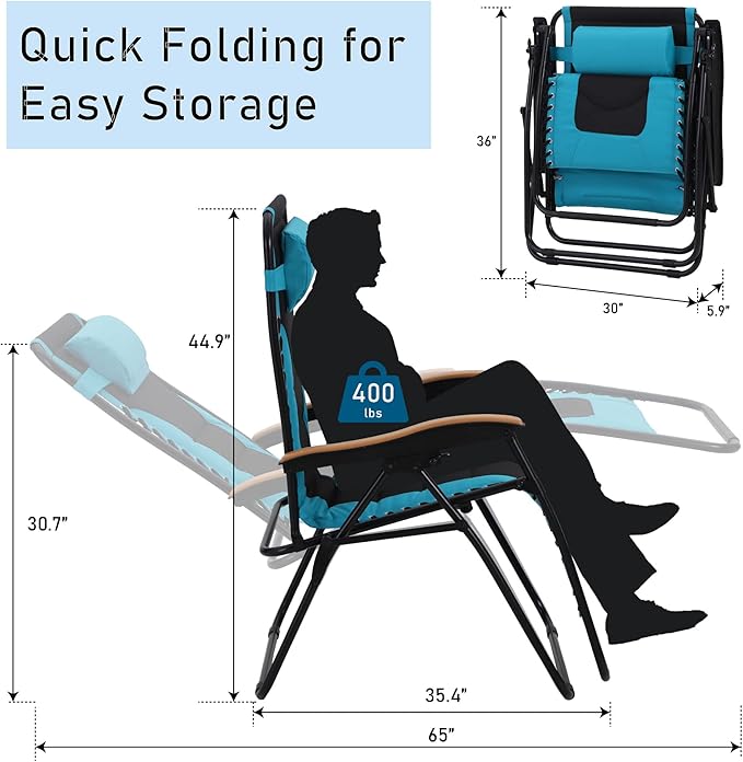 PHI VILLA XXL Oversized Padded Zero Gravity Chair Set of 2, Foldable Patio Recliner, 30" Wide Seat Anti Gravity Lounger with Armrest and Cup Holder, Support 400 LBS (Aqua Blue)