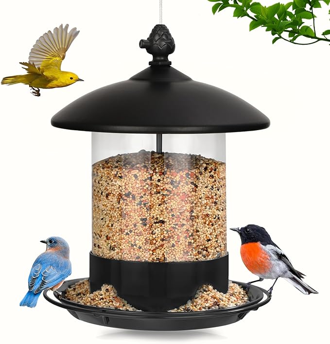 Metal Bird Feeders for Outdoors Hanging, Weather Resistant Wild Bird Feeder with 360 Degree Feeding Tray, Black