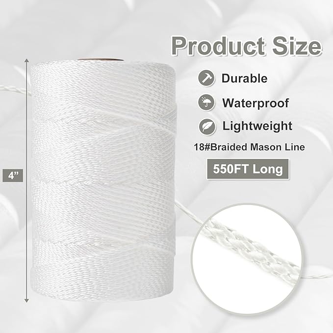 Mason Line String Line,550 Ft Length Nylon Twine,18 Braided Nylon String for Gardening Or Masonry Tools,Twine String for Gardening,White